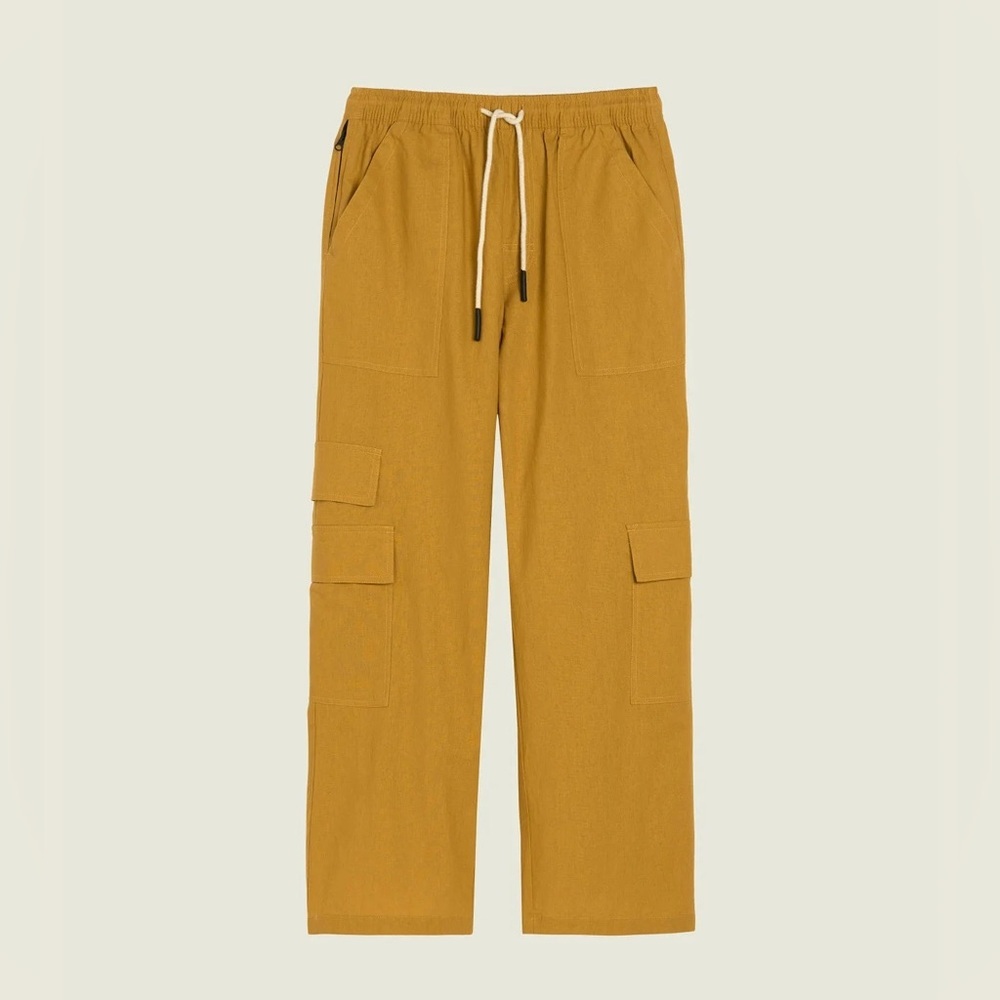 NWOT OAS Men's Mustard Cargo Wide Leg Linen Drawstring Pants Size Large